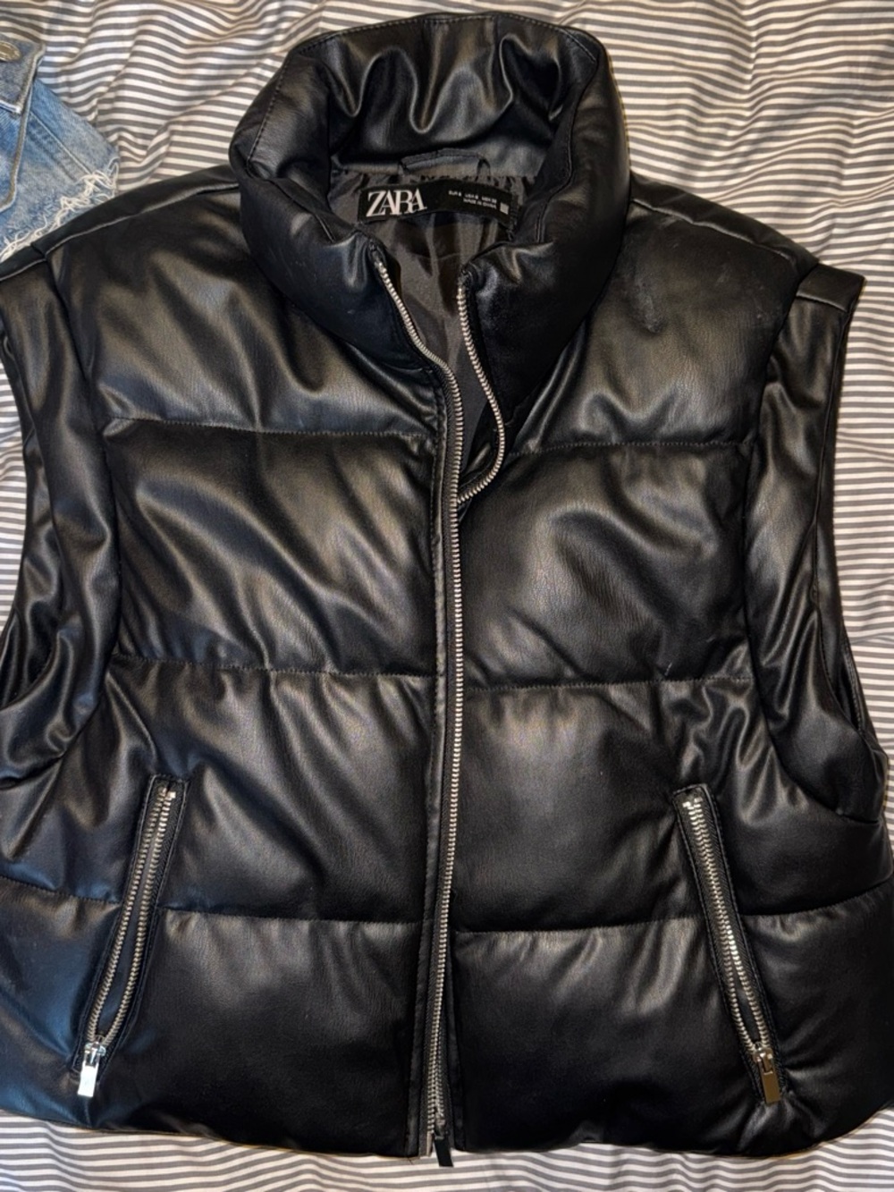 Zara Black Faux Leather Puffer Vest with Quilted Interior